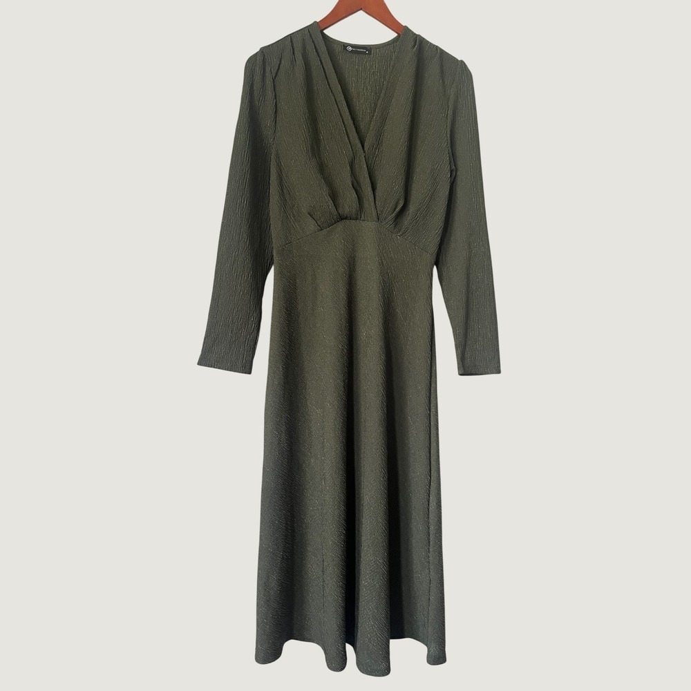 PrettyGarden Olive Green Metallic Shimmer V-Neck Long Sleeve Midi Dress Womens M